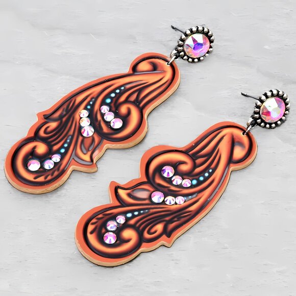 Gorgeous Southwestern Cowgirl Tooled Leather Rhinestone Bling Boho Earrings NEW - Picture 1 of 3